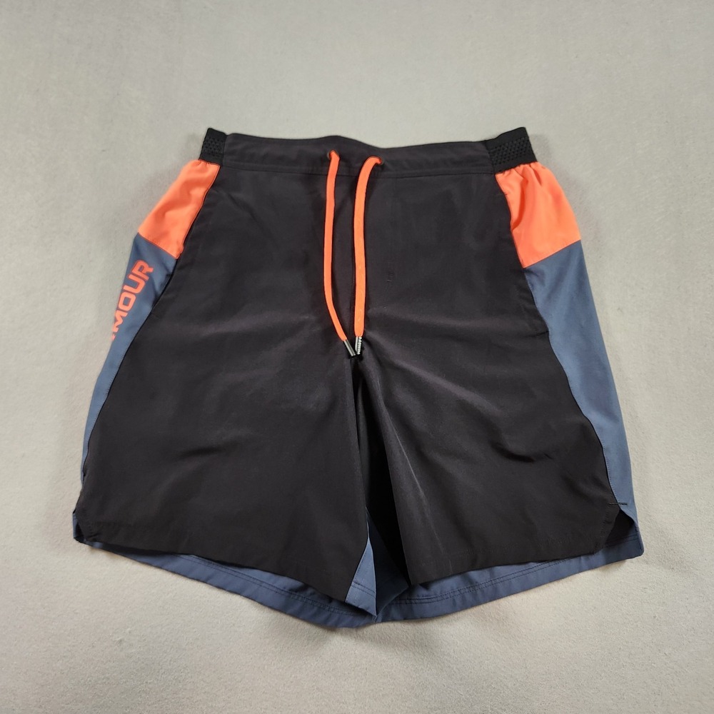 Under Armour Swim Shorts Mens Medium Black Orange Gray Drawstring Mesh Lining